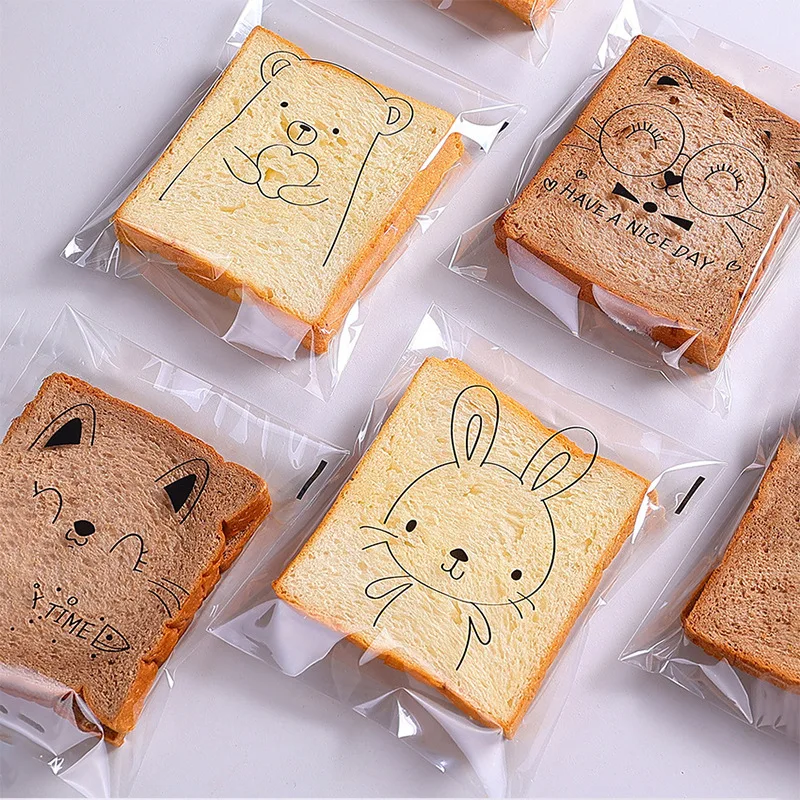 100pcs Transparent Plastic Bread Packaging Bags Sandwich Bread Toast Cookies Baking Self-adhesive Pouch Birthday Party Supplies