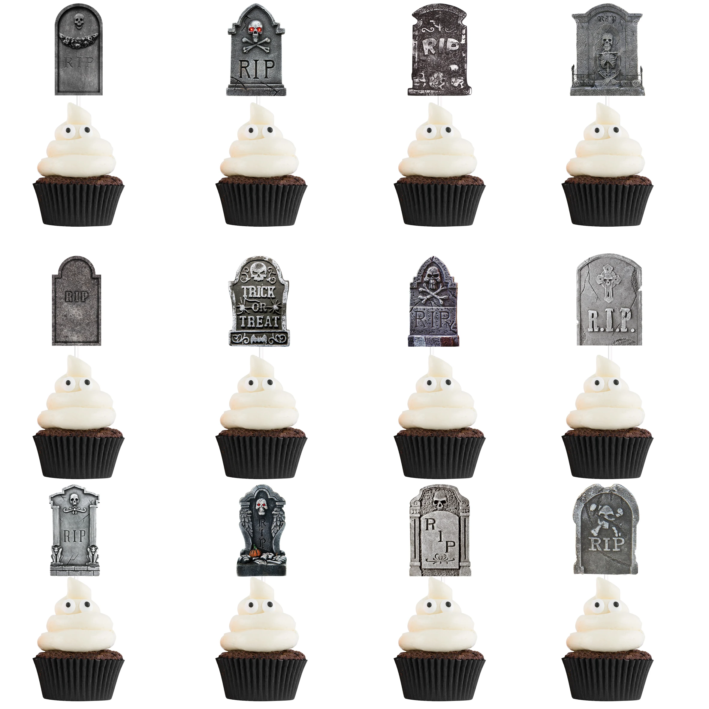 12/48pcs Halloween Tombstone Cupcake Topper Scary Skeleton RIP Dessert Cake Decorations Halloween Birthday Horror Party Supplies