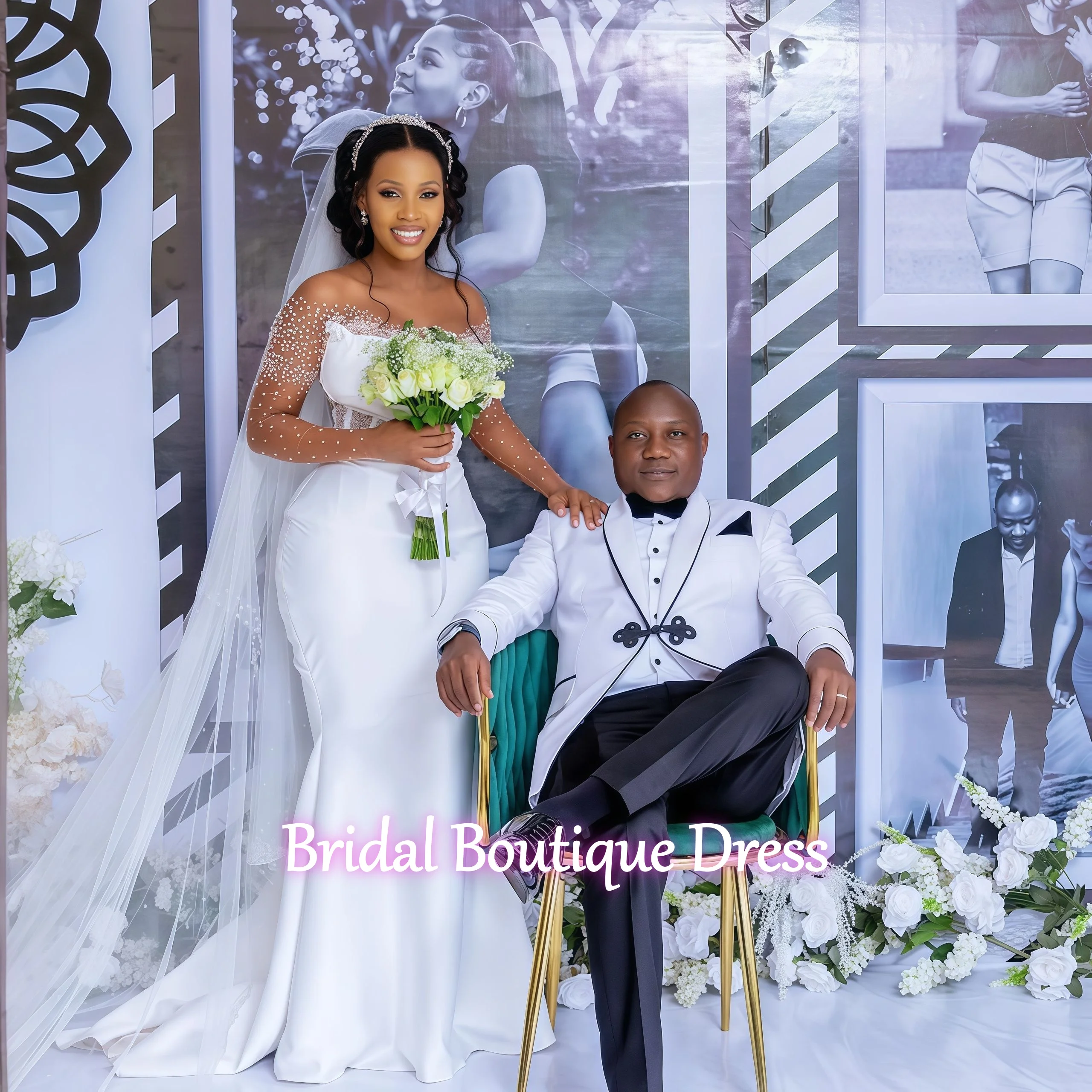 Aangepaste Afrikaanse Glanzend Kralen Zeemeermin Trouwjurk Voor Bruid 2026 Satijn Afneembare Trein Lange Mouwen Bruidsjurk Vestidos De