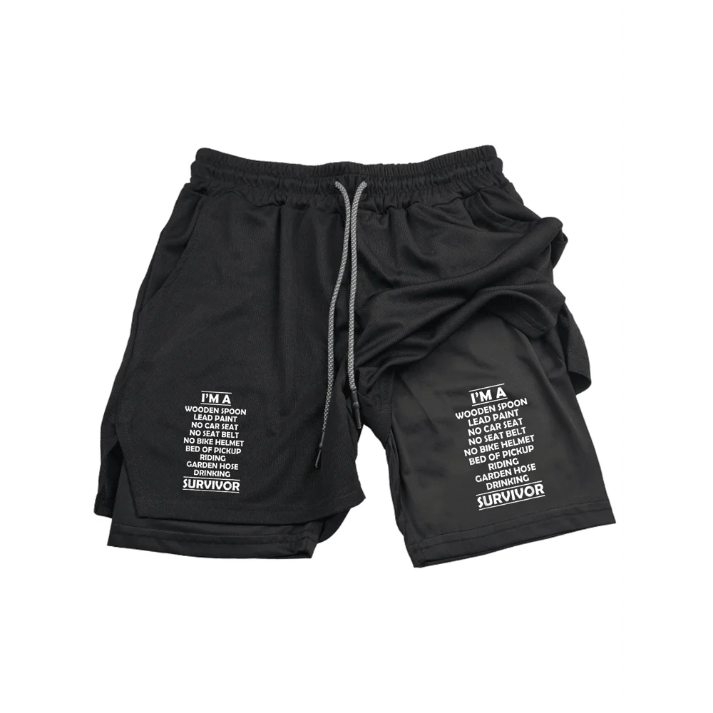 

Mens 2-In-1 Quick-Dry Athletic Shorts With Integrated Liner, Survivor Quote Print, Retro Vintage Style For Gym Running Outdoor