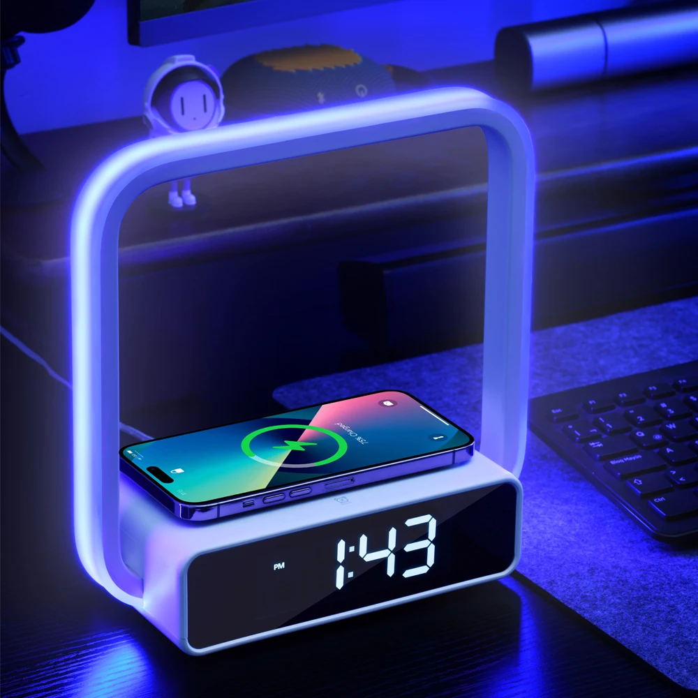 

Home decor touch dimming 7 color rgb light smart alarm clock snooze led table night wireless charger bedside lamp