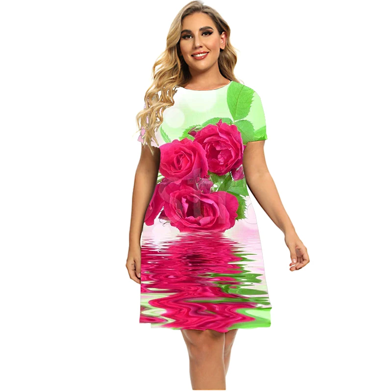 Vestidos con estampado Floral para mujer, ropa holgada de manga corta con cuello redondo, talla grande 6XL, 2023