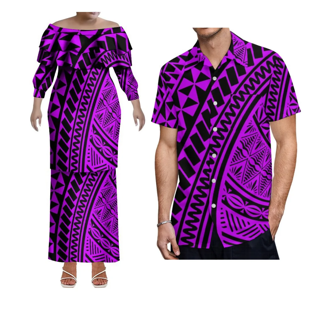 Nowo zaprojektowane zestawy dla par w stylu polinezyjskich wysp, drukowane w wysokiej rozdzielczości 3D, dwuczęściowy zestaw Puletasi dla kobiet i koszula dla mężczyzn.