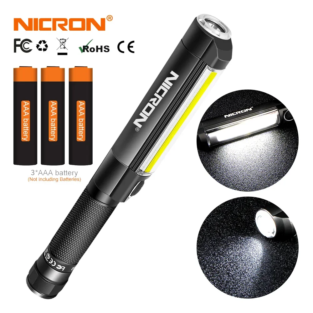 NICRON Aluminium Slim Work Light IPX4 Waterproof Spot / COB LED Flashlight 500LM Strong Magnet 3*AAA Battery For Maintenance etc