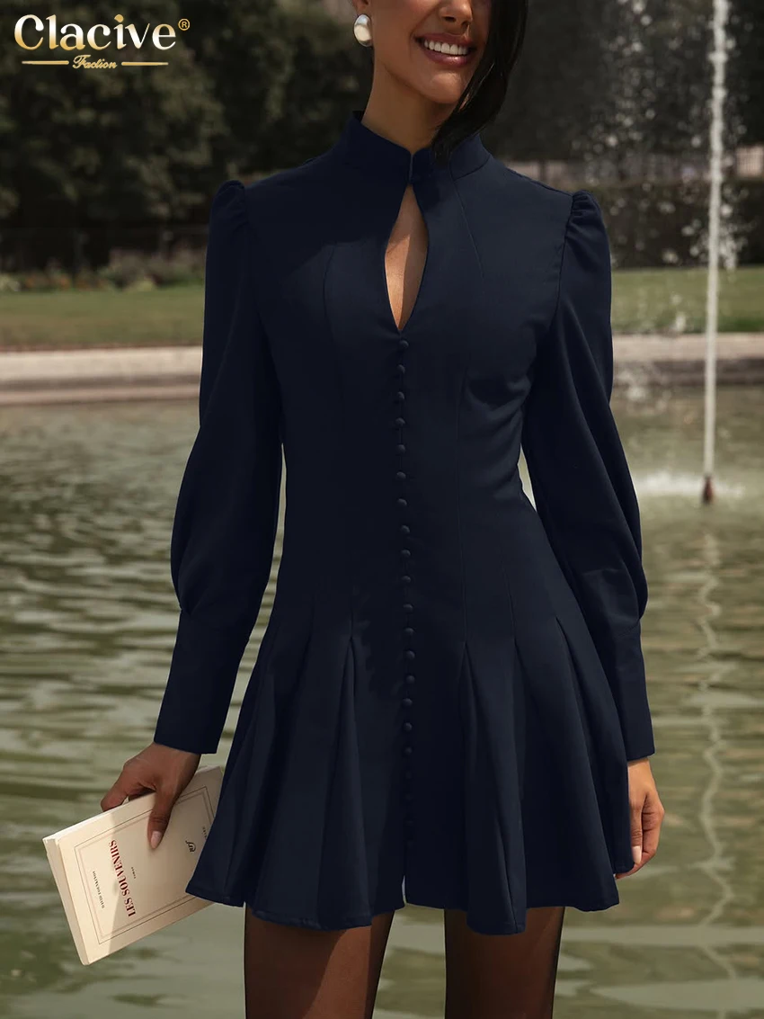 Clacive Fashion Loose Dark Blue Women's Dress 2026 Spring Stand Collar Long Sleeve Mini Dresses Elegant Hollow Out Female Dress