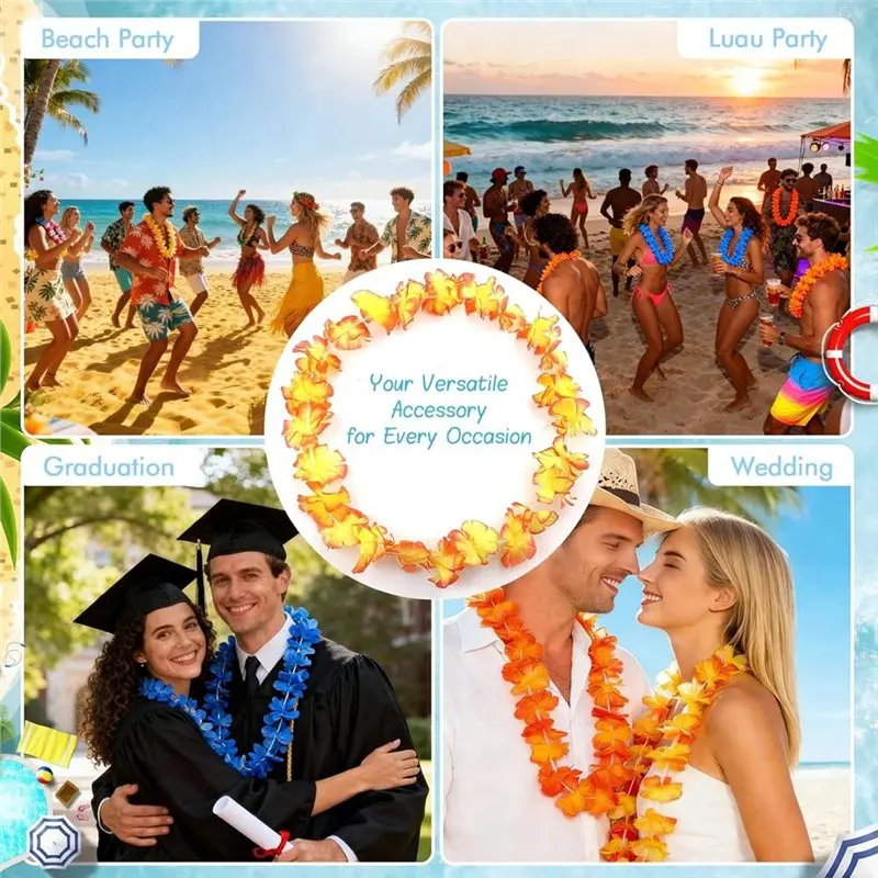 

75STO-For Luau Party Decorations, 50 PCS Hawaiian Leis Bulk Colorful Tropical Flower Necklace, Summer Beach Party Favors