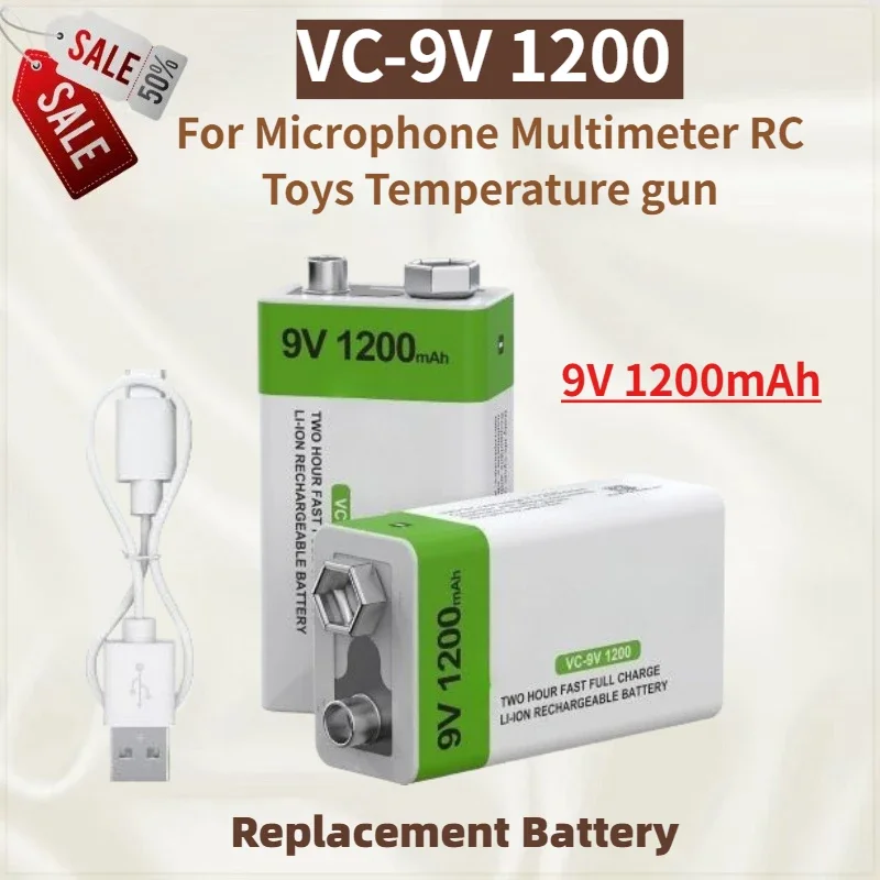 

High Quality VC-9V 1200mAh li-ion Replacement Battery 6F22(9V) Type-C For Microphone Multimeter RC Toys Temperature gun New