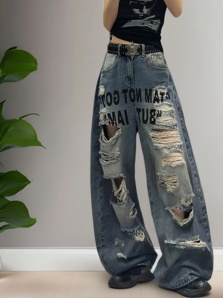 

Retro American Letter Print Hole Denim Pants Women Loose Casual Wide Leg Floor Length Pants Summer New Arrival