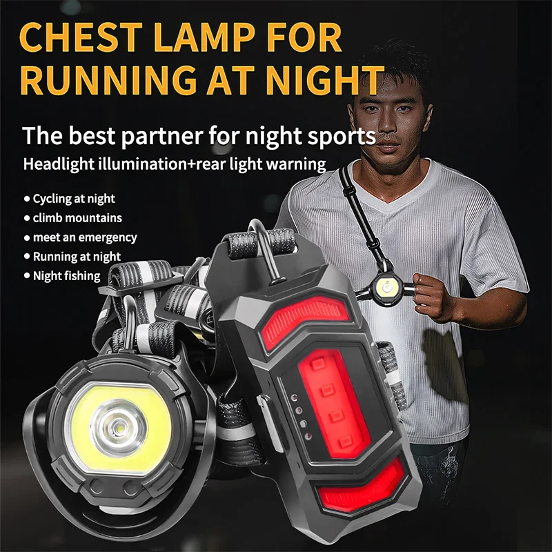 

Нагрудный фонарь для ночного бега на велосипеде с 90 шт. ° Водонепроницаемая ультраяркая защитная лампа с регулируемым углом луча и светоотражающими ремнями