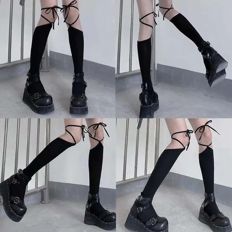 

KXRB Японский стиль Женщины High High Harajuku Criss for Cross Cross-Up Bangage Студент на коленные чулки