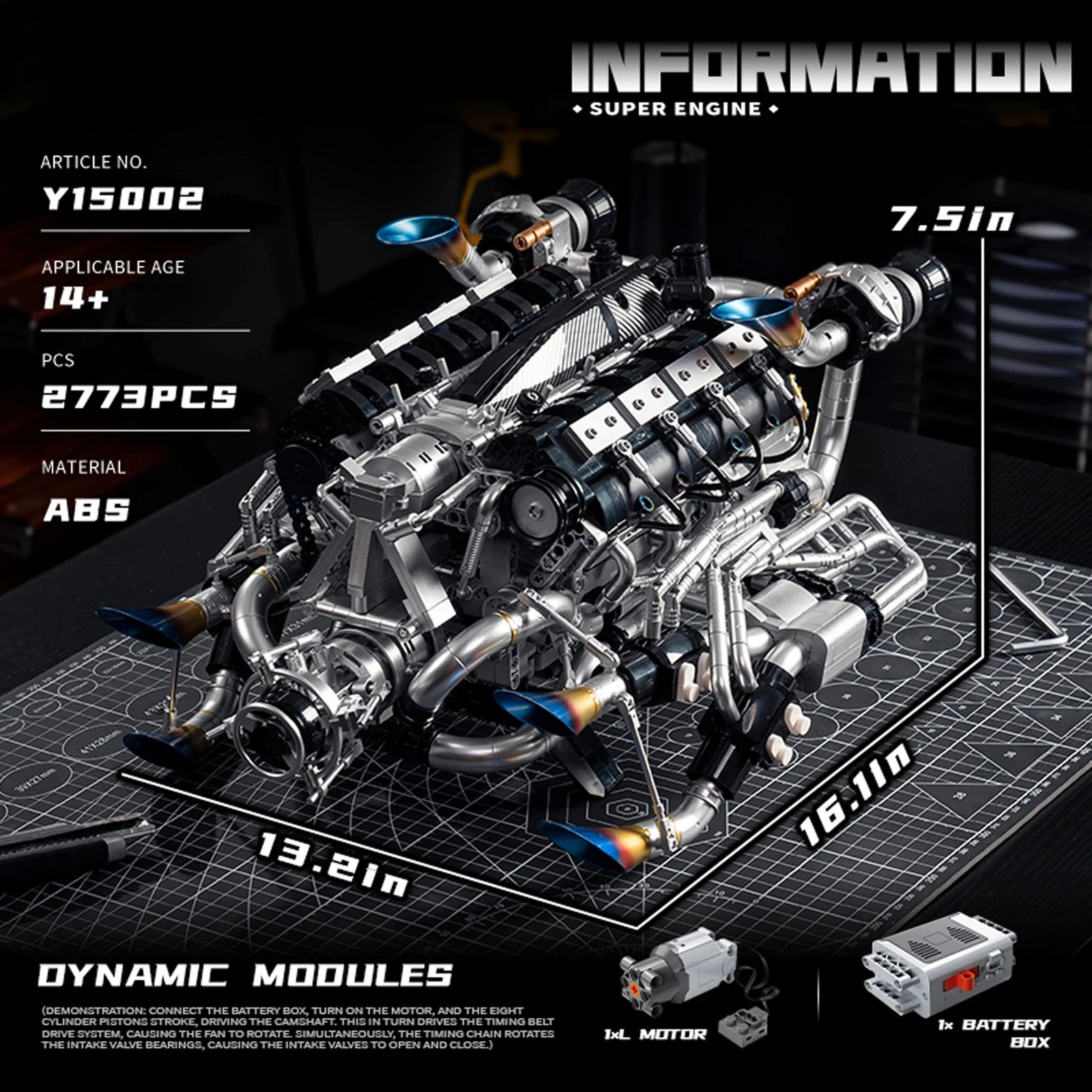 

2773PCS V8 Модель двигателя Строительный комплект - Моделирование поршня с силовым двигателем, DIY Настольный орнамент и развивающая игрушка