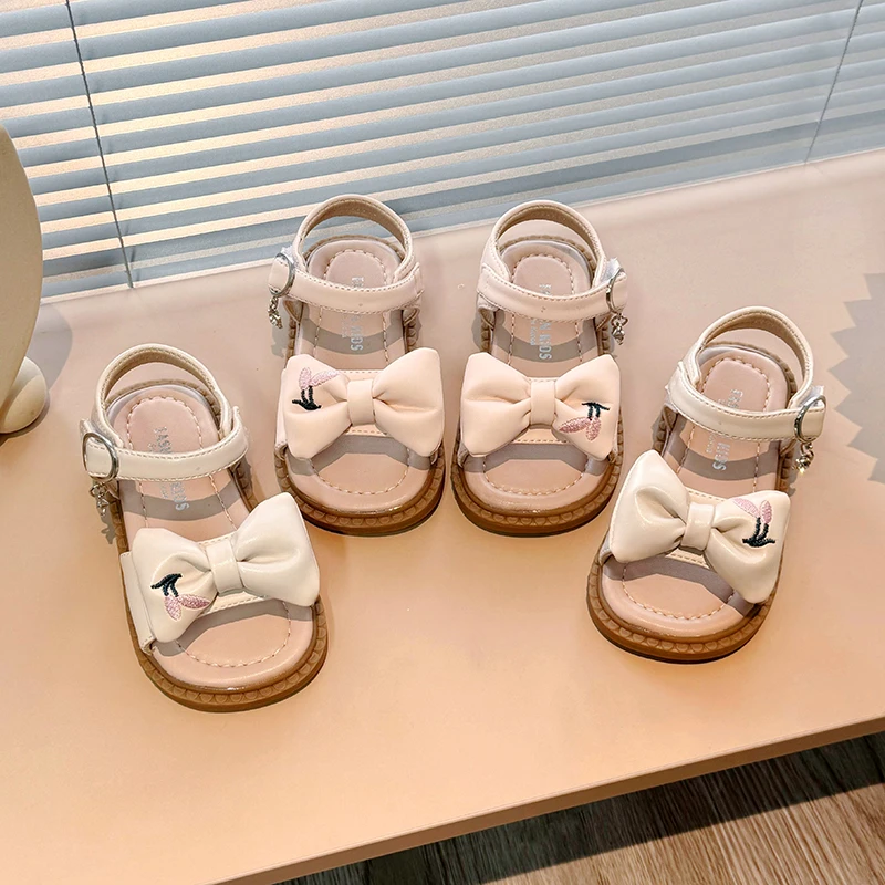 

New Girl's Summer Sandals Big Bowtie Pu Leather 21-34 Sweet Children Sliders Lovely Stylish Two Colors Flexiable Cute Kids Flats