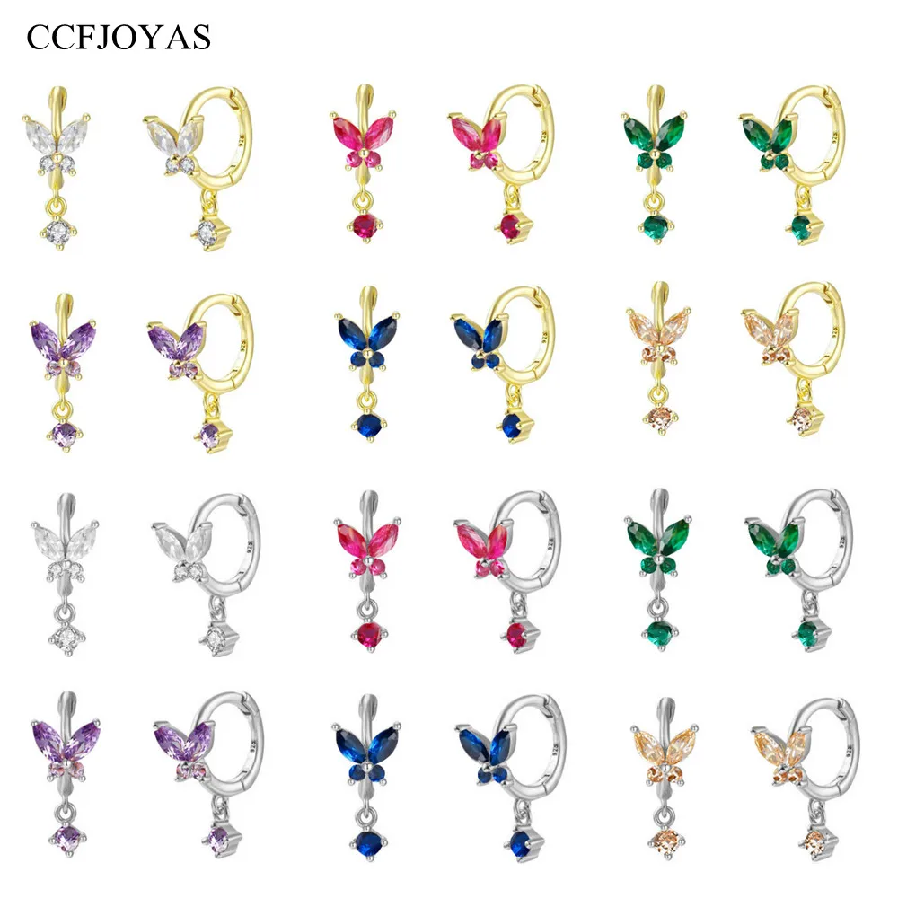 

CCFJOYAS 6/12 pairs 8mm 925 Sterling Silver Multicolor Zircon Butterfly-shaped Small Hoop Earring Gold Silver color Jewelry Set