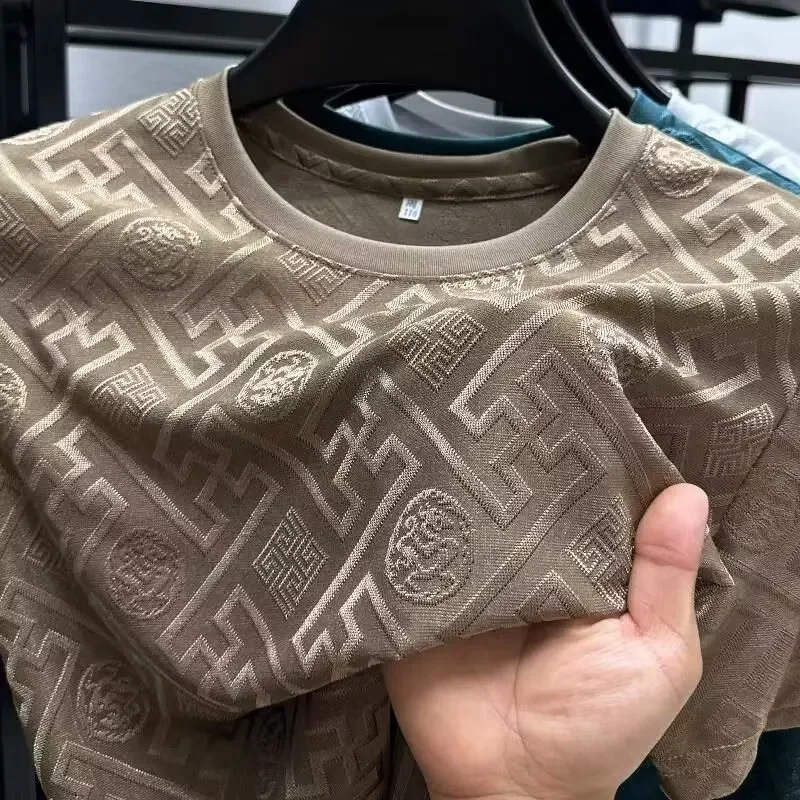 الجليد الحرير قصيرة الأكمام تي شيرت الرجال عارضة أزياء العلامة التجارية الصيف جديد كامل الجسم التطريز نصف كم الصيف ارتداء الجسم قميص #2