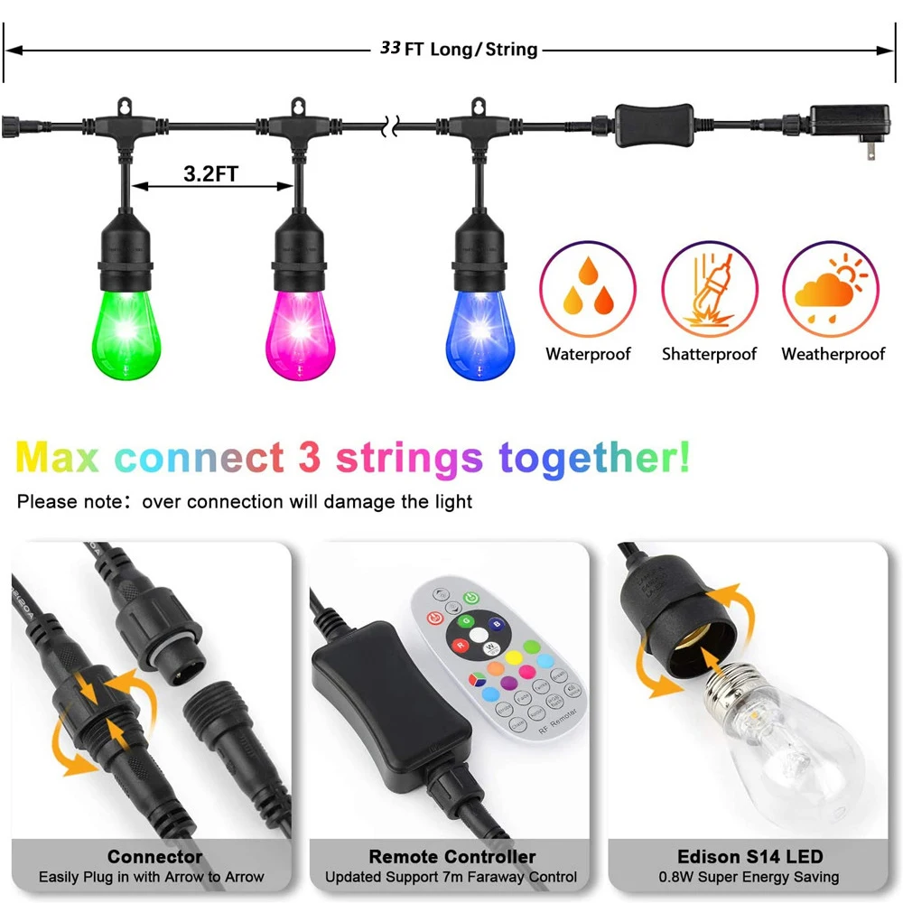 Connectable 5M 10M RGB Outdoor String Lights Multi-Color Dimmable Waterproof Commercial String Lights with S14 Edison Bulbs