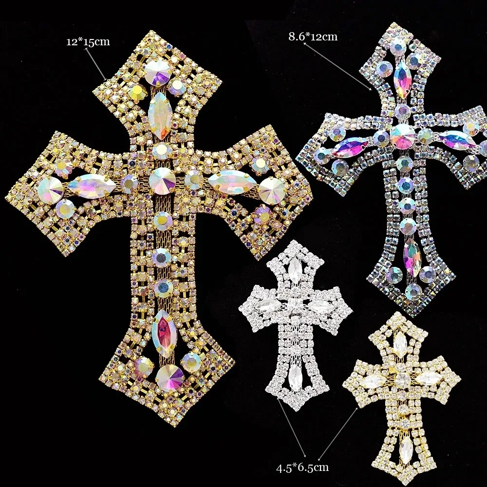 1PC Cross Rhinestones AB  Appliques for Bridal Dress Sew on  Wedding Girls Jewelry Decorations Glass Strass DIY