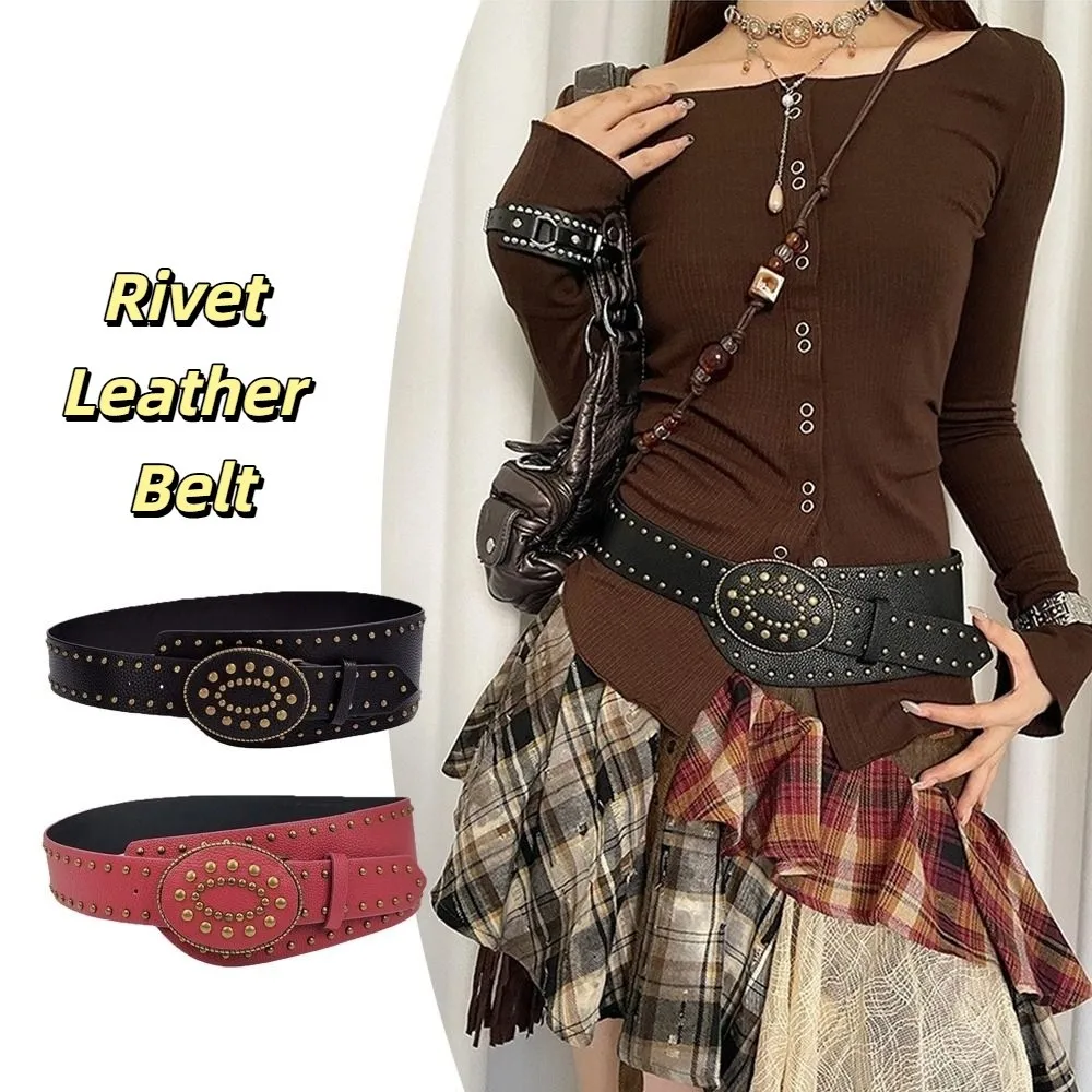 

Fashionable Vintage Rivet Leather Belt Gothic Y2k Women's Waist Belt Heavy-Duty Punk Dress Jeans Belt Waist Accessories