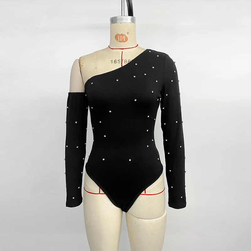 Benuynffy Diagonal Collar Long Sleeve Diamonds Bodysuit Women 2025 Autumn Sexy Party Black High Elastic One-piece Body Top
