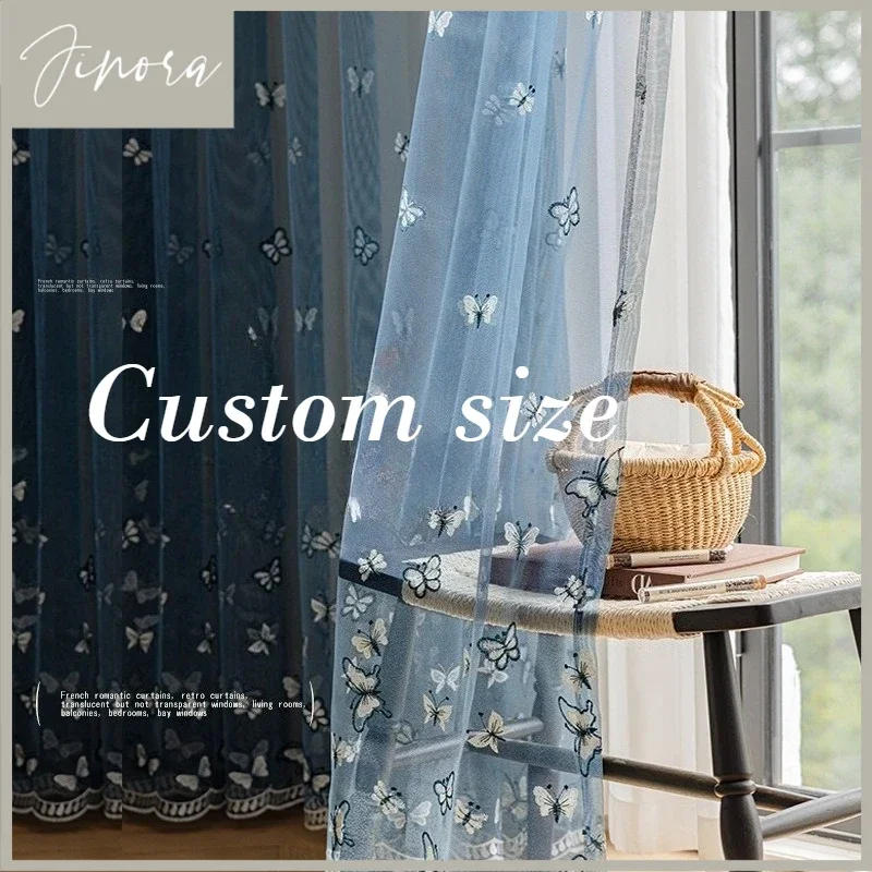 Custom European Luxury Embroidered Blue Butterfly Tulle Window Sheer Curtains For Living Room Bedroom Dining Decor Dream Kitchen