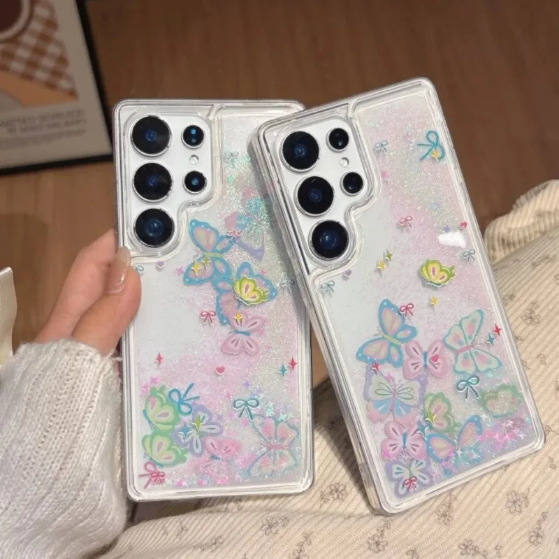 for Samsung Galaxy S26 Ultra S24 S25 Ultra Glitter Pink Quicksand Beauty Butterfly Transparent Case Shockproof Bumper Gift Cover