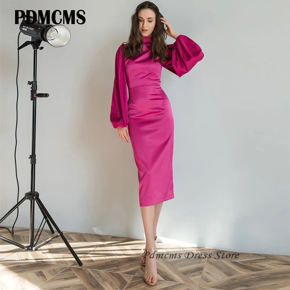 

SSYTENS New Simple Fuschia Satin Evening Dresses High Neck Long Sleeves Tea Length Arabic Women Formal Party Prom Gowns Custom