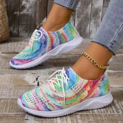 Women Mix Color Mesh Knitted Sneakers  Autumn Lightweight Breathable Soft Sole Running Shoes Woman Slip on Flats Sock Shoes 2024