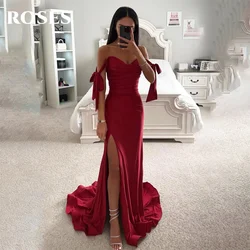 ROSES Sexy V Neck Party Dresses Red Floor Length Prom Dresses Off the Shoulder فساتين السهرة Side Split Stain Evening Dresses