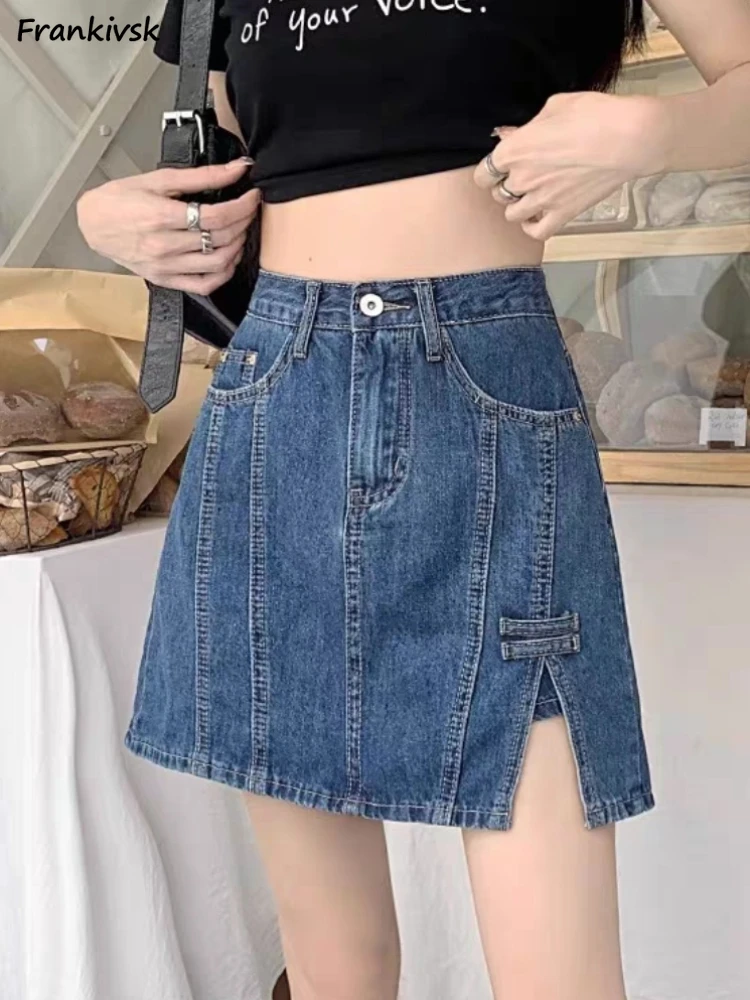 

Denim Skirts Women High Waist A-line Slim Fit Pocket All-match Streetwear Vintage Slit Summer Comfortable Korean Style Casual