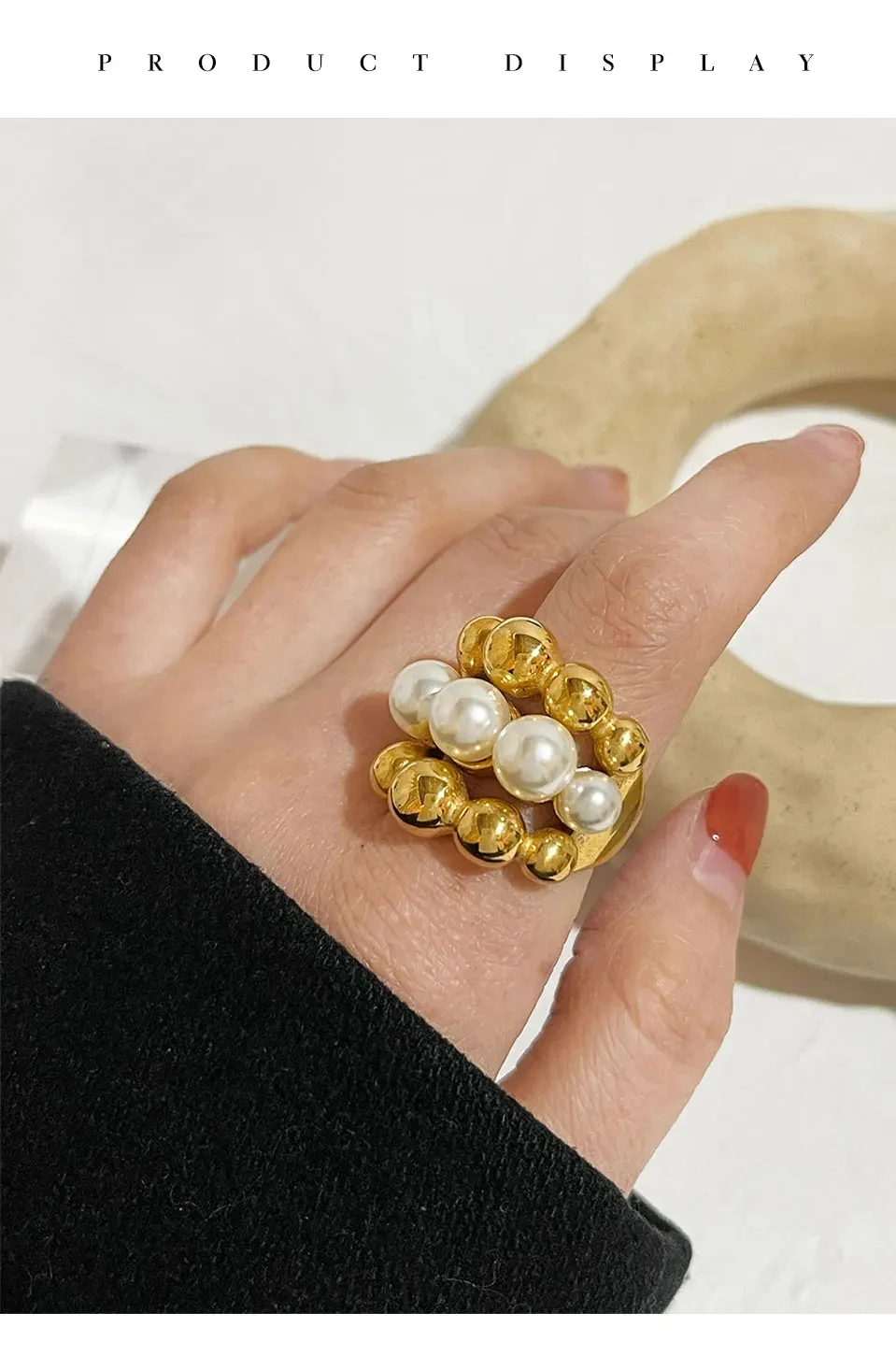 May@RZ Large Gold Plated Spherical Imitation Pearl Ring Stainless Steel Women\'s Personality Ring Exaggerated Jewelry Waterproof