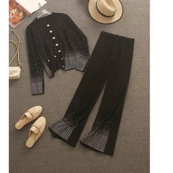 2024 Autumn Winter Luxury Knitted Trouser Set For Woman French Retro Diamond Single Breasted Cardigan+wide Leg Pant 2 Piece Sets