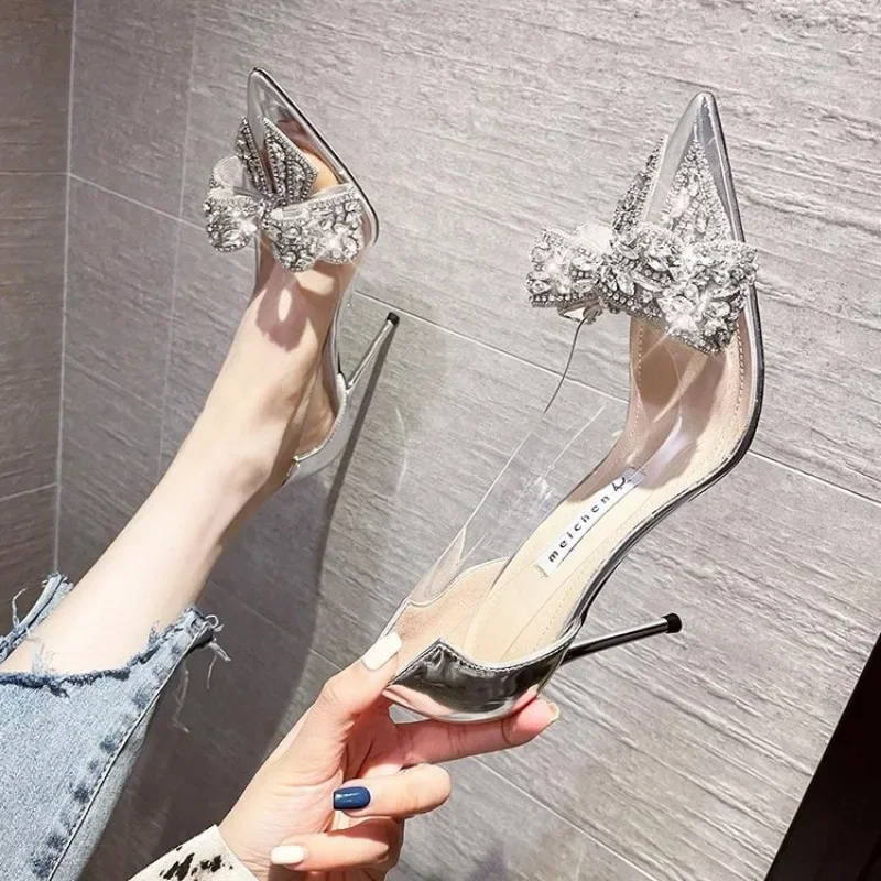 New Pointed Crystal Fairy Ladies Wind Sandals Rhinestone Butterfly-knot Transparent High Heel Women Sandals Fashion Shoes 2024