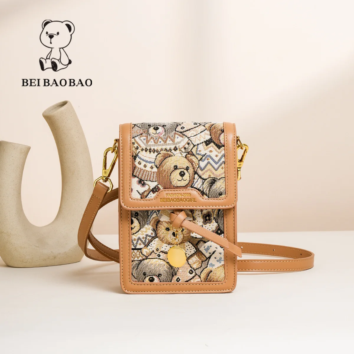 Beibaobao 2024 nowa moda w stylu Instagram jeden torba na ramię Crossbody na co dzień Retro wszechstronna torba mobilna kreskówka torba damska miś