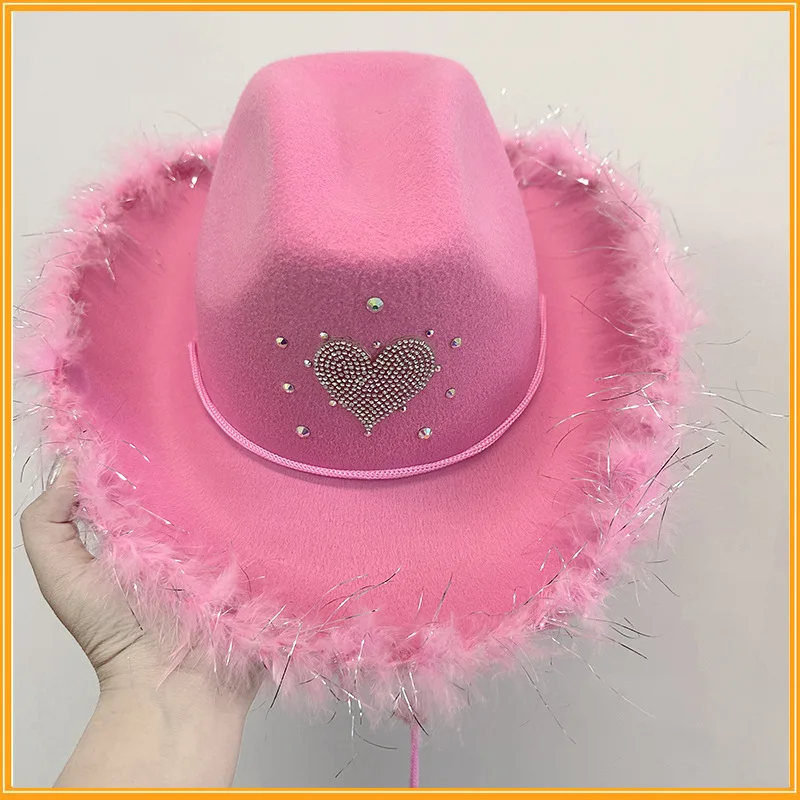 2PCS الوردي الفضة الخوخ باربي نقطة الماس ريشة حزب قبعة رعاة البقر الديكور #5