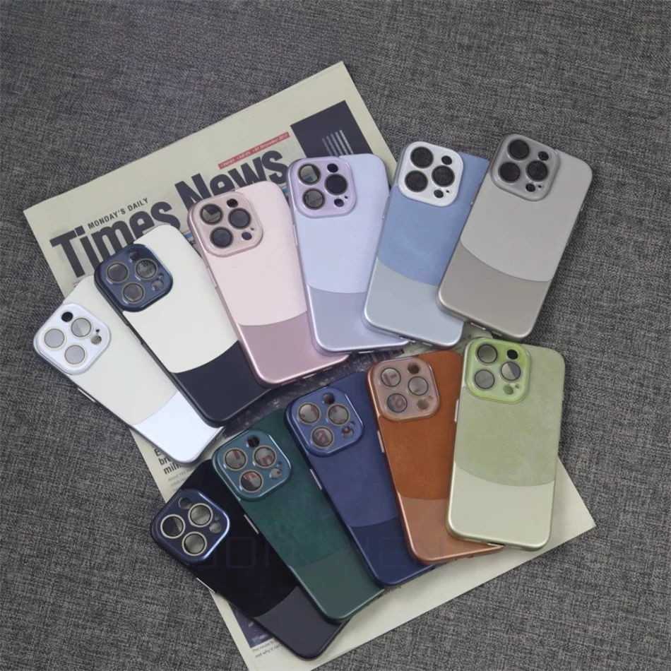 For Magsafe Magnetic Crystal Lens Protecion Case For iPhone 15 Plus 14 13 12 Pro Max Luxury Splicing Leather Shockproof Cover