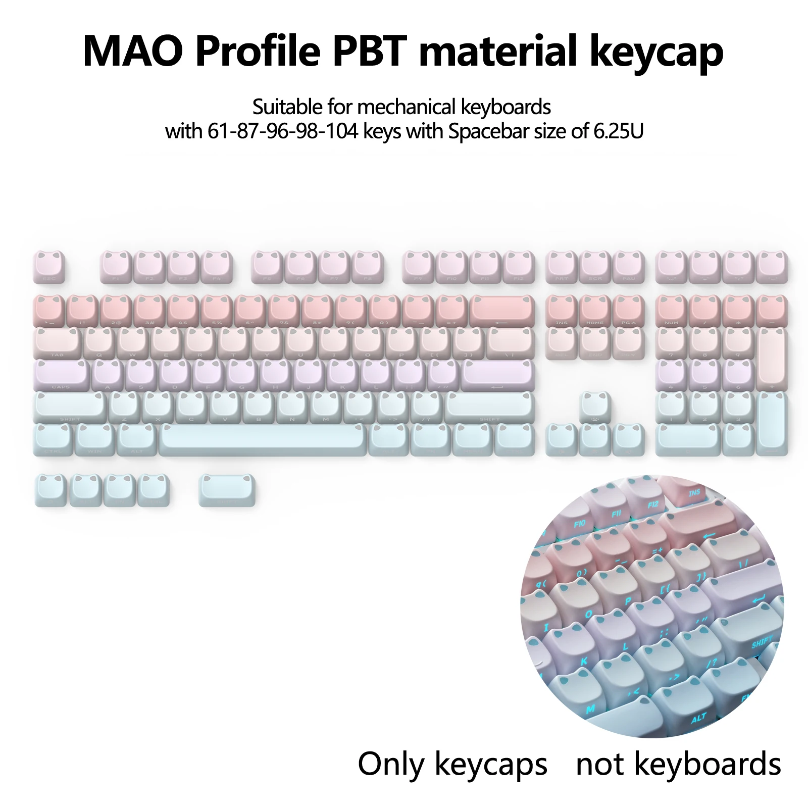 Pink Blue Cute Cat Ear Side Printed RGB Backlit Keycap MAO Profile Dye Sub PBT Keycaps for Cherry MX Switches Gaming Keyboard