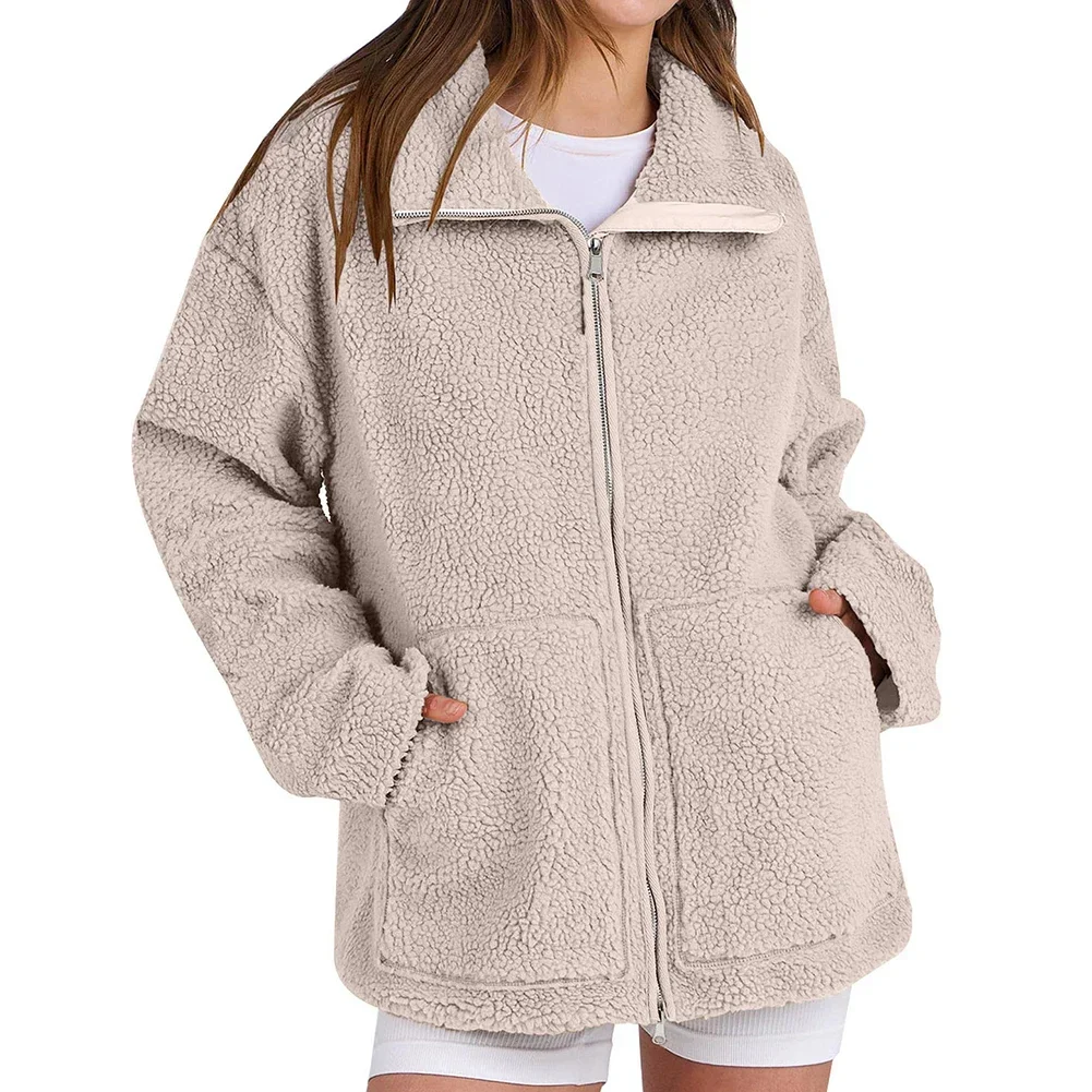 All Season Wear Lambswool Plush Coat Casual Woolen Outerwear Solid Color Design Warm Woolen Fabric Available In Sizes S-2XL