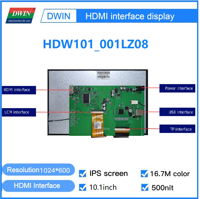 DWIN-HDMI Tela IPS capacitiva do painel de toque, suporta Windows, framboesa, Linux, Android, HDW101 _ 001L, 10.1 ", 200 500nit, 1024x600