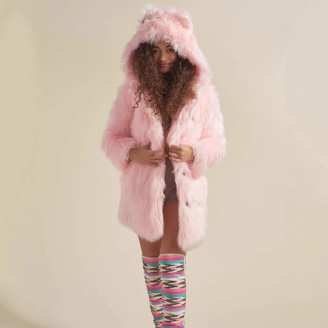 الحلو الوردي المرأة الشتاء فرو المنك سترة واحدة الصدر مقنعين الدب الأذن طويلة فو الفراء معطف لسيدة شيك الإناث الفراء أسفل معطف #2