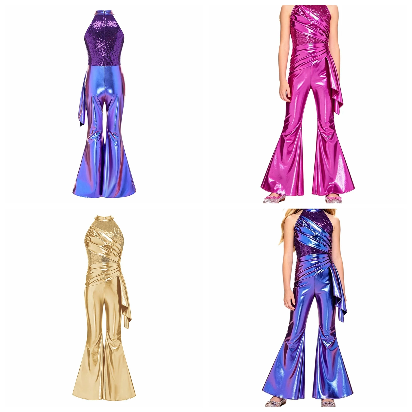 Kids Girls Halter Jumpsuit 70s 80s Disco Outfit Childs Sleeveless Sequined Metallic Flared Pants Rompers for Jazz Dance Costume