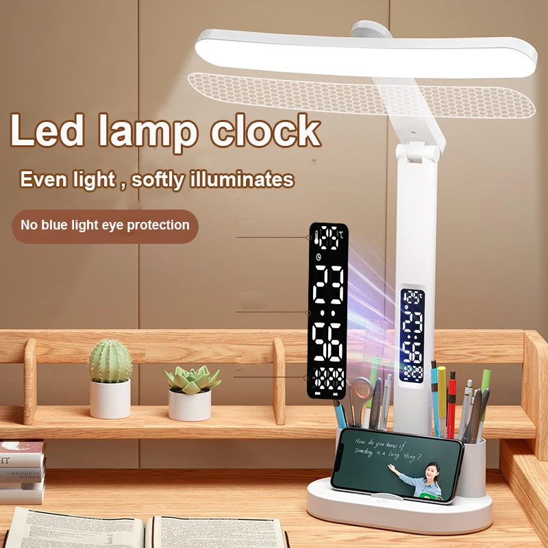 Desk Led Lamp Clock USB Chargeable Dimmable Desk Lamps with Pencil Holder 180 Rotate Eye Protection Desktop Reading Night Lights