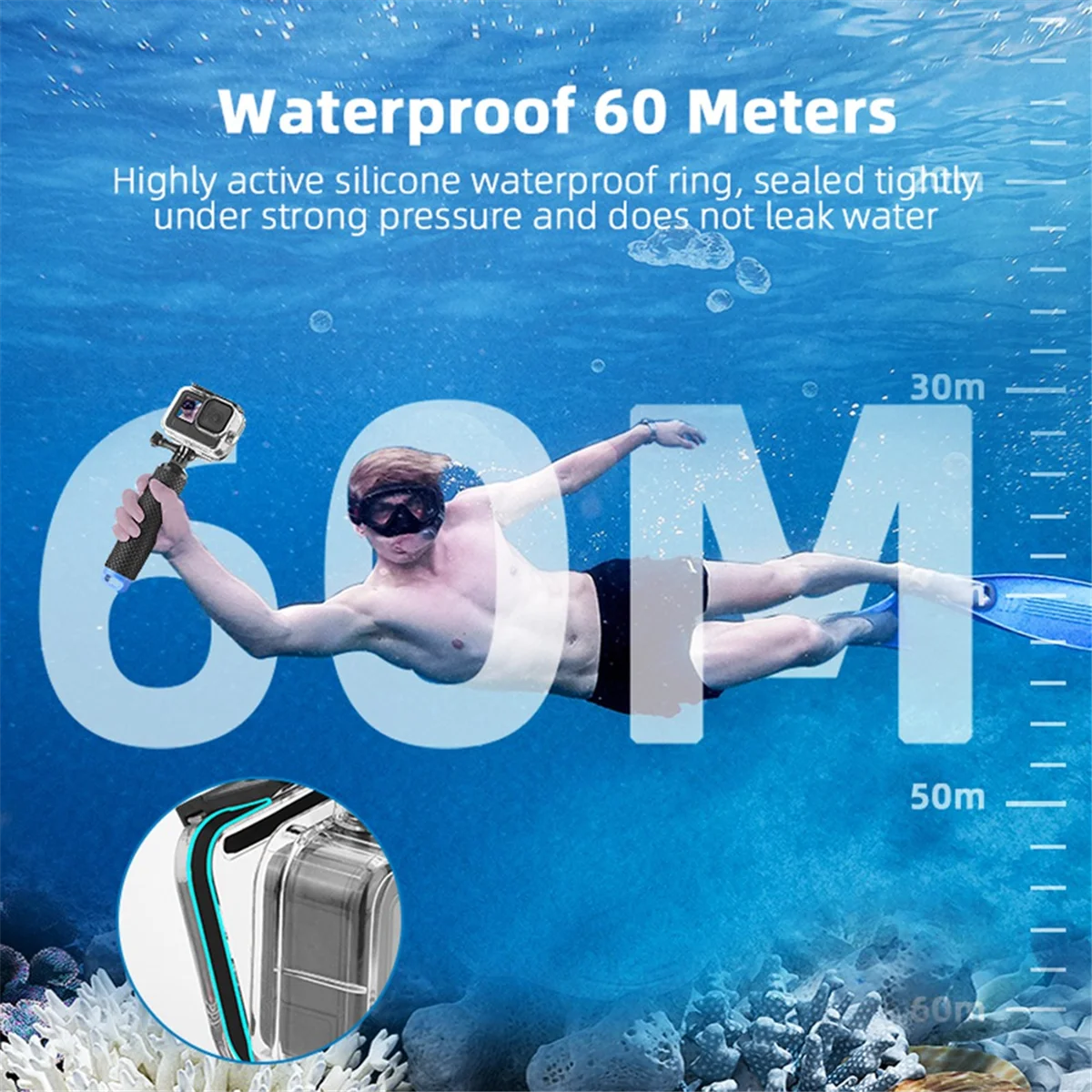 

ABRI_60M Waterproof Case for GoPro Hero 12 11 10 9 Underwater Diving Housing Cover Action Camera Accessories,B