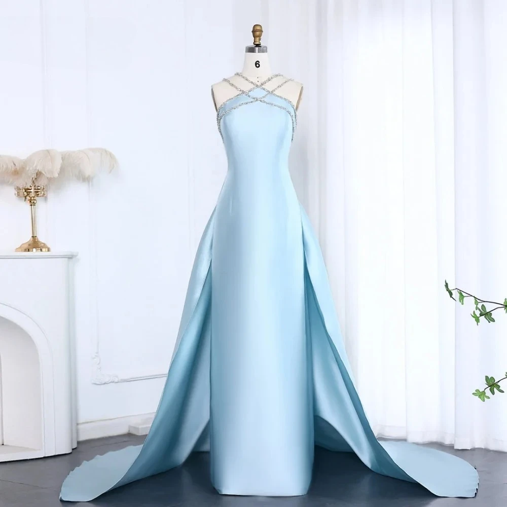 

Elegant Blue Prom Dress Shiny Beading Halter Party Dresses Stain Sleeveless Celebrity Gowns with Detachable Tail Customized