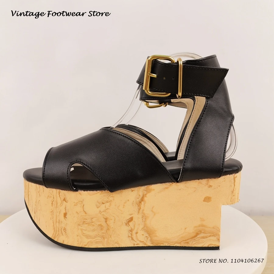 Wooden Effect Rocking Platform Sandals Round Open Toe Height Increasing Causal Shoes Women's Street Style Buckle Strap Footwear