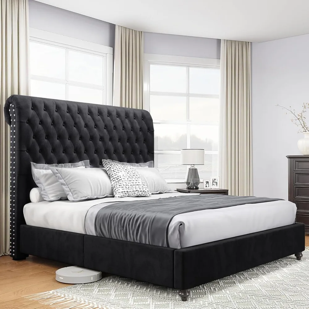 Queen Bed Frame with Headboard, Velvet Sleigh Bed with Button Tufted 52.8