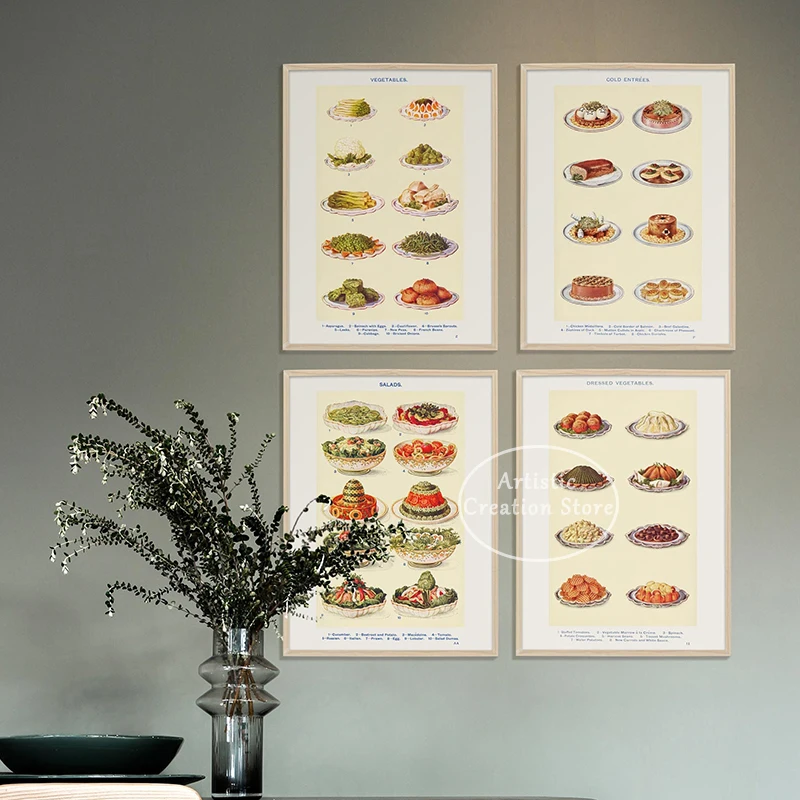 Vintage Food Poster Macedoine Prawn Salad Dumas Egg Kitchen Art Print canvas painting Retro Wall Art picture Cottagecore Decor