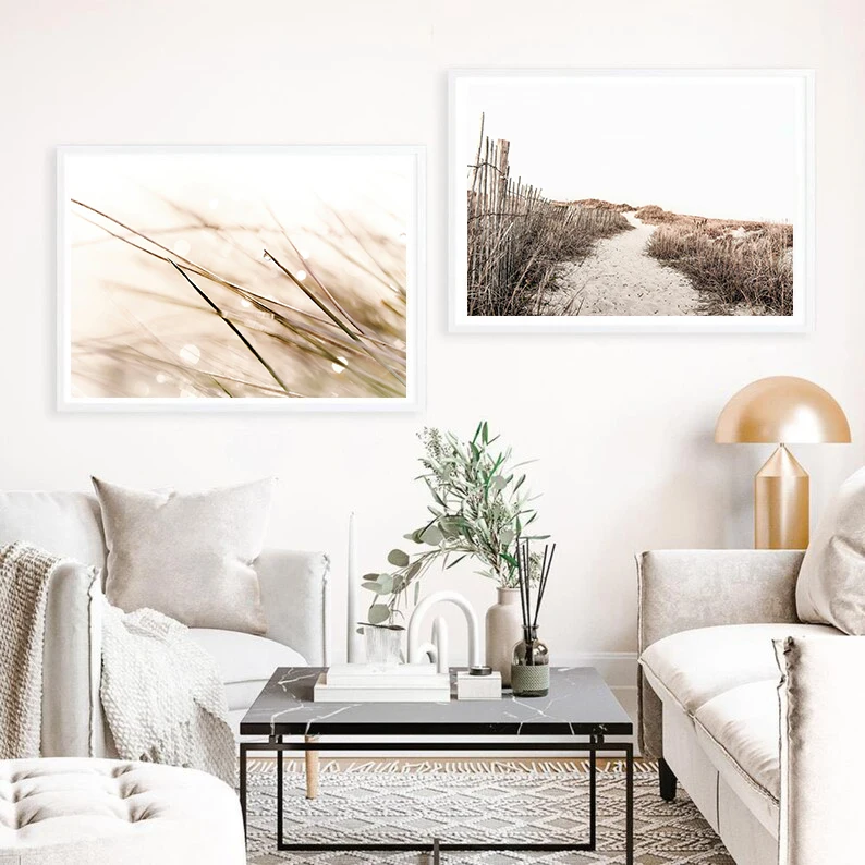 Minimalist Neutral Beach Coastal Pampas Grass Seascape Photography Poster Canvas Painting Wall Art Pictures Home Decor