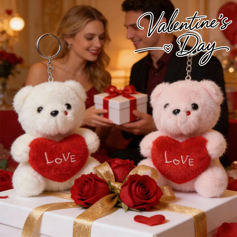 

Stuffed Teddy Bear Keychain Cute Plush Toy with Red Heart Design Portable Pocket Friend Travel Bag Decor for Heartwarming Gifts