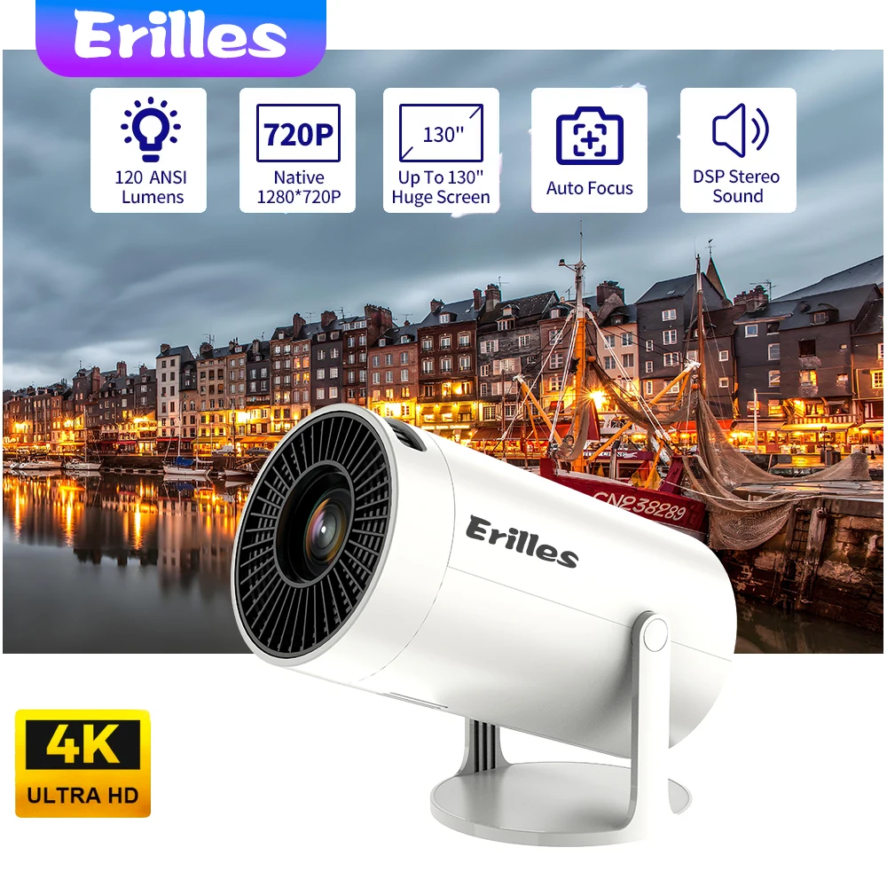 Erilles HY300 Pro 4K Projector Android 11 Dual Wifi6 260ANSI Home Cinema Outdoor Projetor