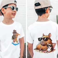 Cute capybara print children's clothing kids cotton T-shirt white short-sleeved casual top for boys
