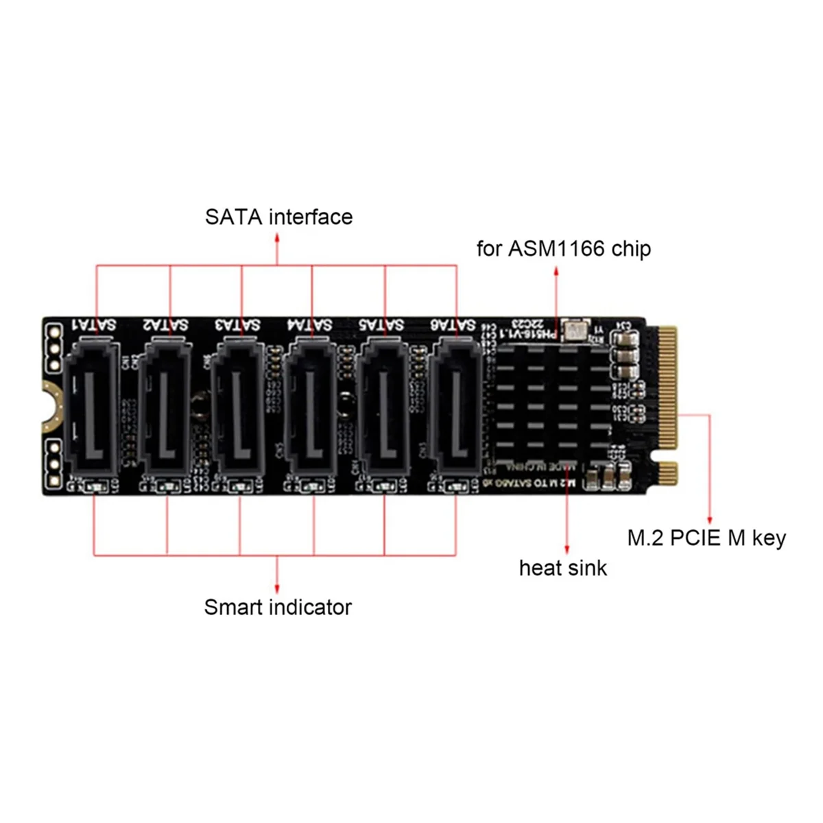 A67I M.2 to SATA3.0 Adapter Card, PCB 6Gbps High Speed ASM1166 M.2 PCIE to SATA Expansion Card Support 6 SATA Devices